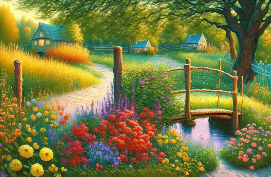 Colorful Landscape: Wooden Bridge, Stream, Flowers, Cottages, Sunlit Trees