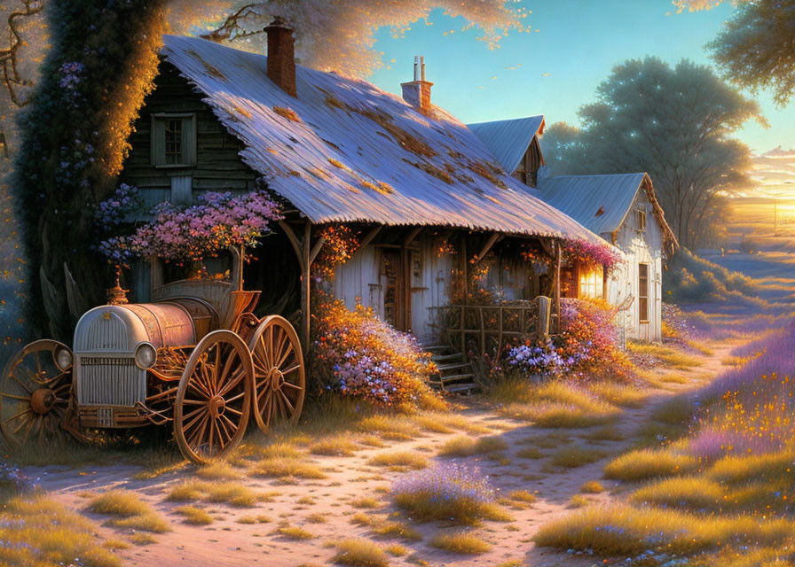 Rustic cottage with blooming garden and vintage car at sunset