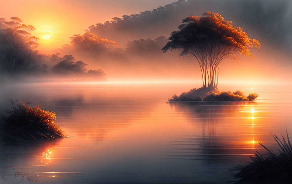 Tranquil sunrise scene with misty lake and glowing tree