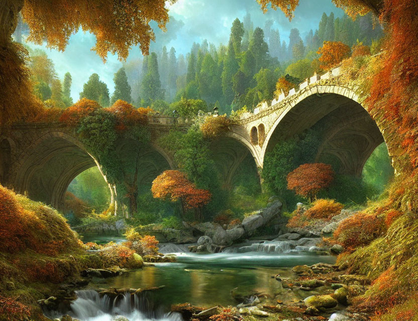 Tranquil autumn landscape with stone bridge and colorful trees