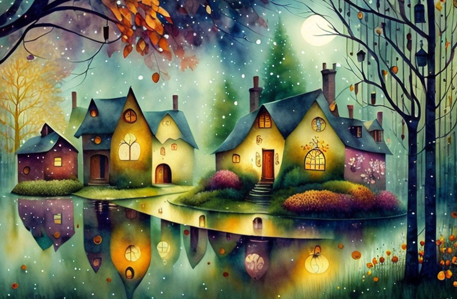 Colorful Illustration of Cozy Houses by Serene Lake at Twilight