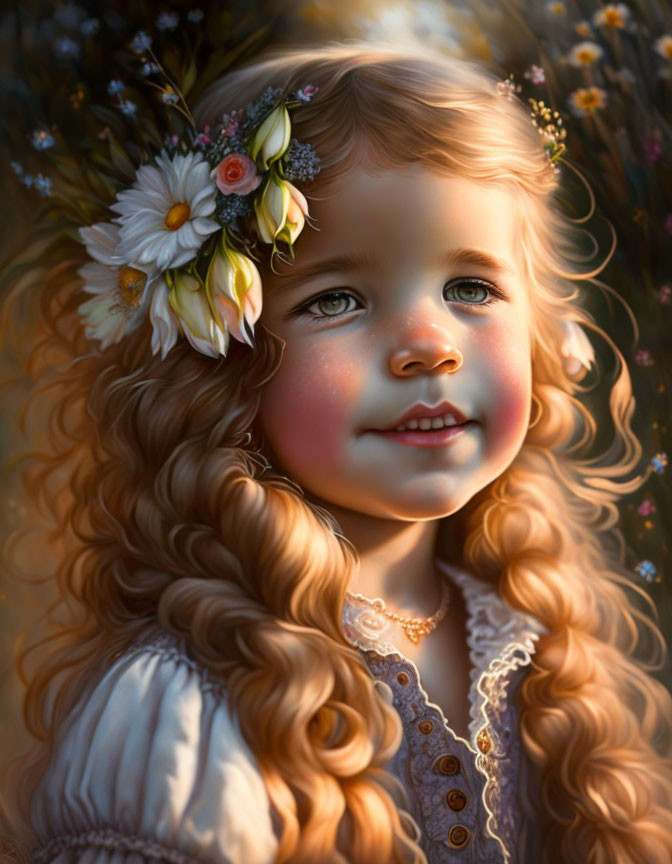 Curly-Haired Girl Smiling with Flowers in Soft Light