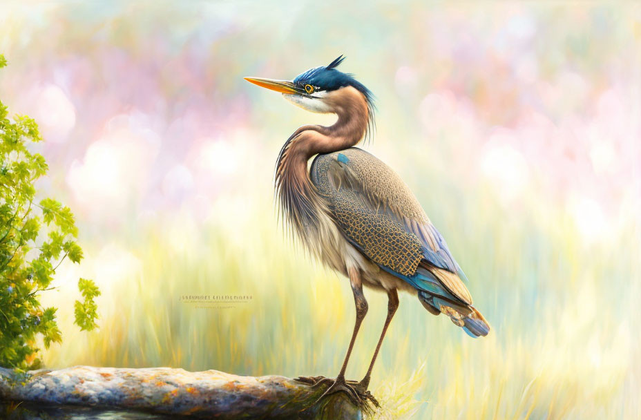 Great Blue Heron on Log with Soft-focus Floral Background