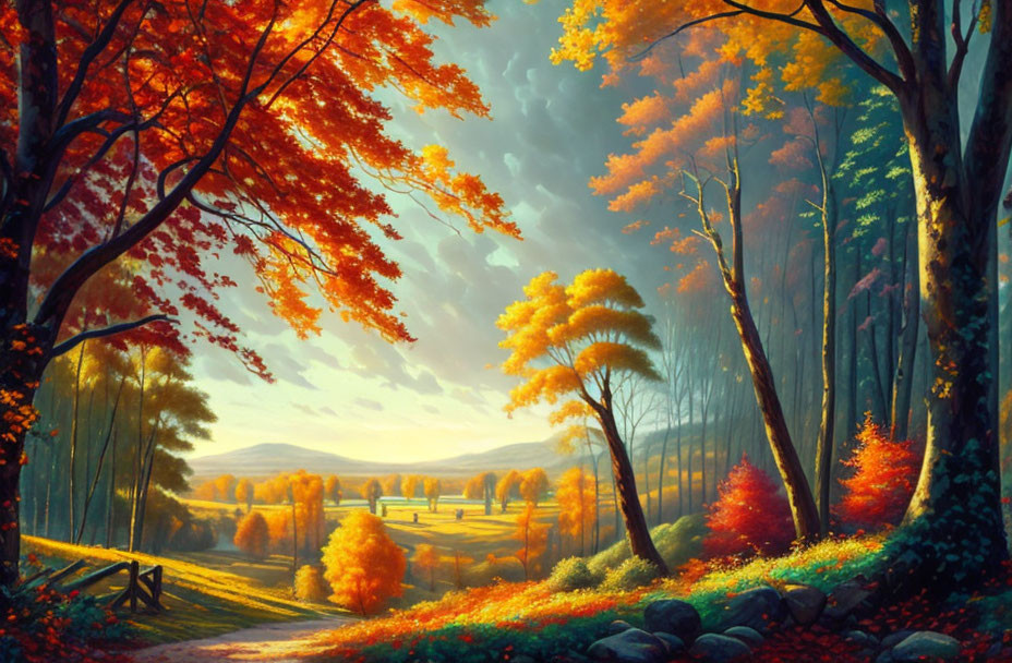 Colorful Autumn Landscape with Sunlit Clearing and Dynamic Sky