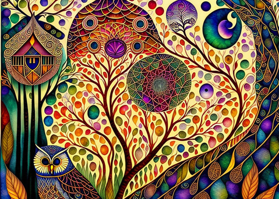 Colorful Abstract Art: Whimsical Trees, Owl, and Houses in Fantasy Landscape