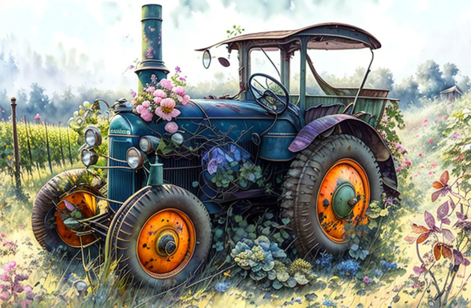 Vintage Blue Tractor with Orange Wheels and Climbing Flowers