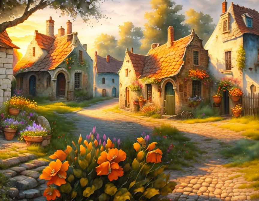 Charming sunset village scene with cobblestone streets and blooming flowers