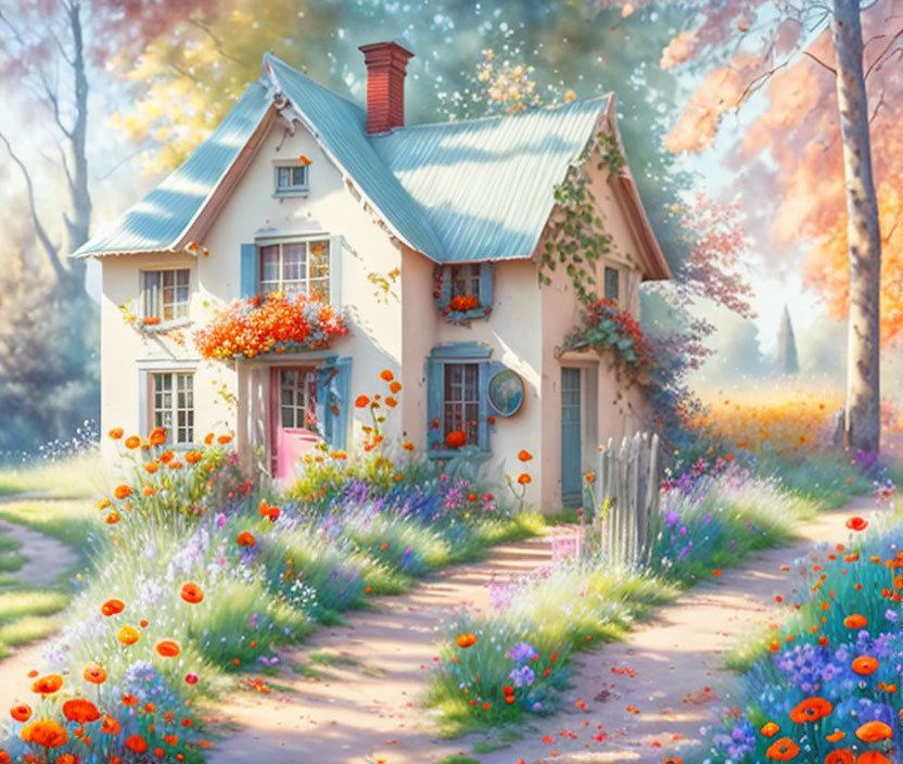 Charming cottage nestled among colorful flowers and trees.