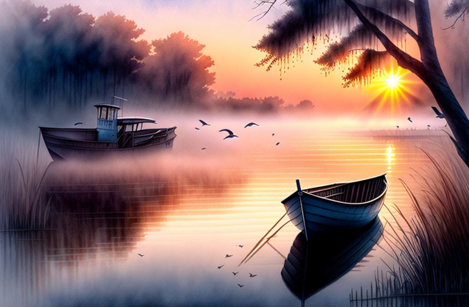 Boats on serene lake at sunrise with silhouetted trees and birds