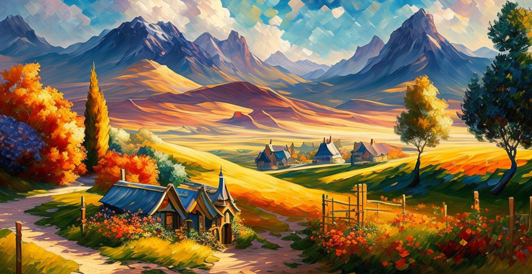 Colorful Landscape Painting: Serene Valley, Houses, Path, Mountains