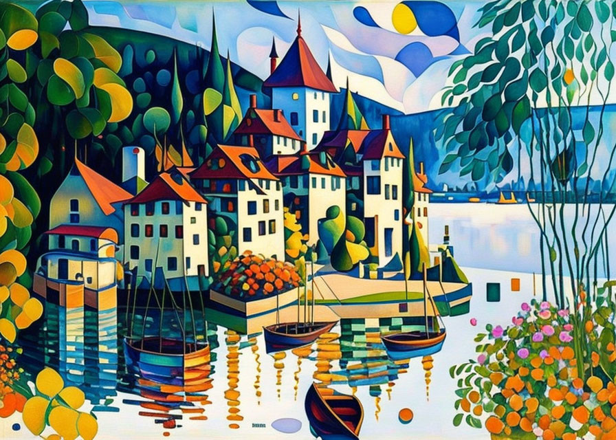 Vibrant painting of a castle by a lake with boats and colorful trees under a sunny sky