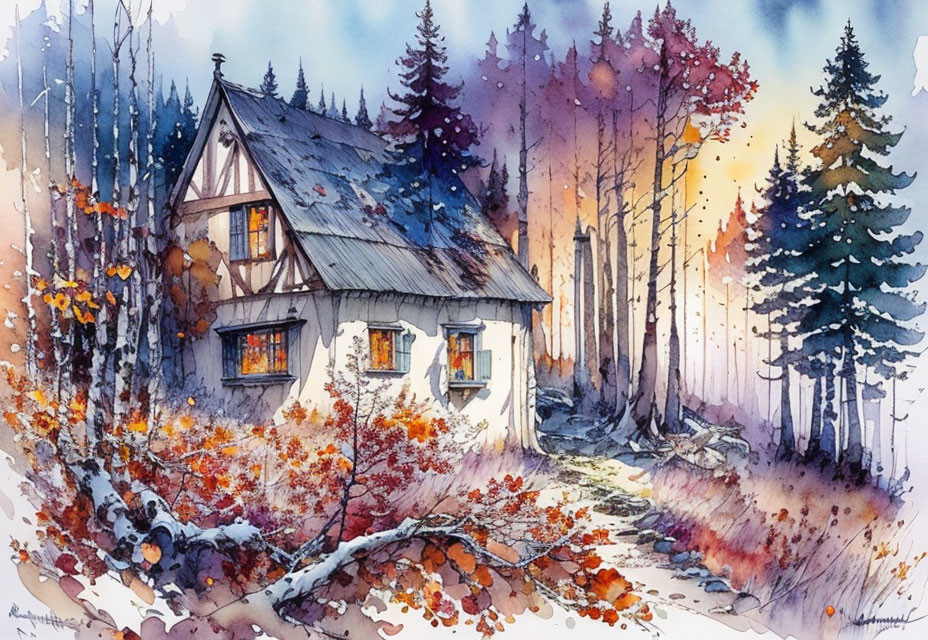 Vibrant watercolor artwork of autumn house and trees