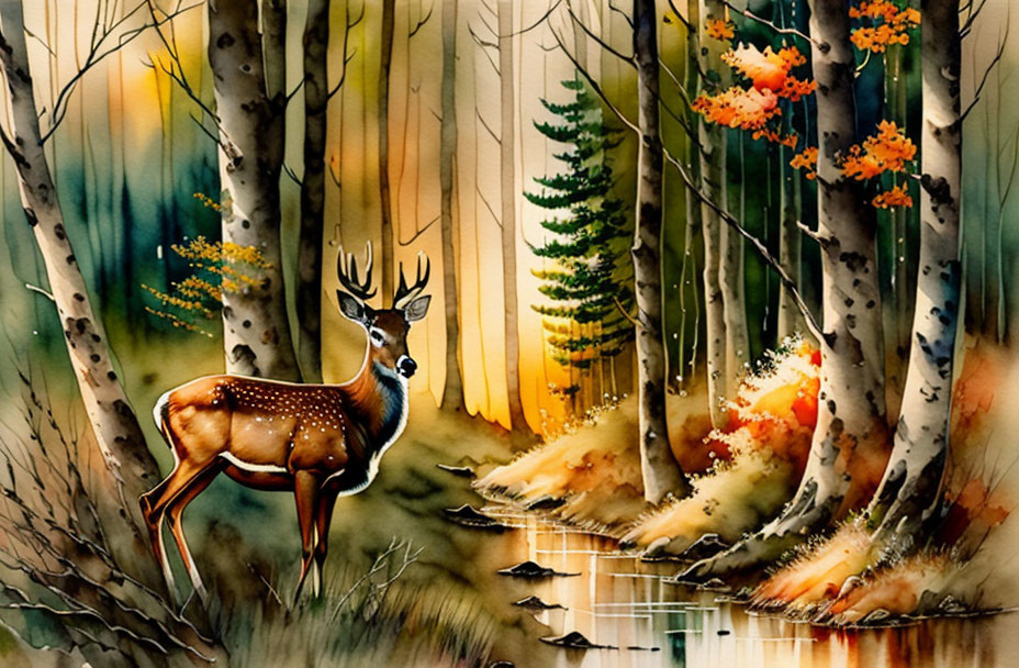 Autumn forest watercolor painting: deer by stream, sunlight through trees