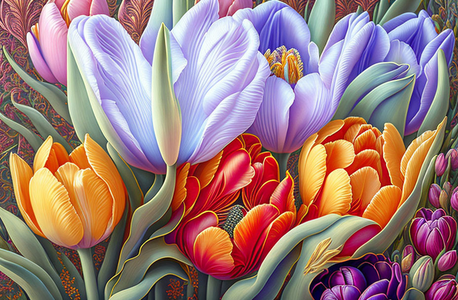 Colorful digital painting of tulips with intricate patterns in purple, orange, and red