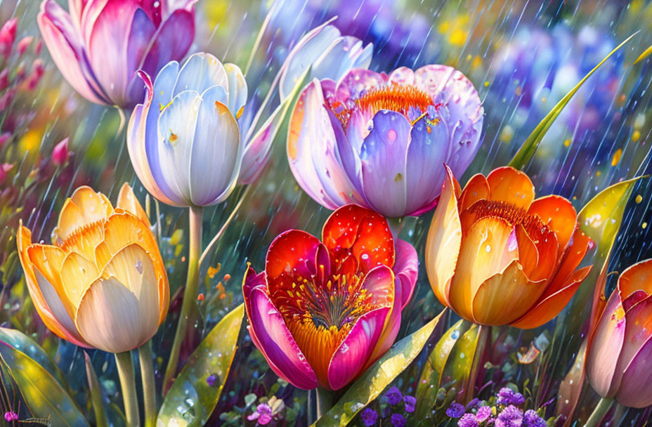 Vibrant tulips with dewdrops in gentle rain among greenery