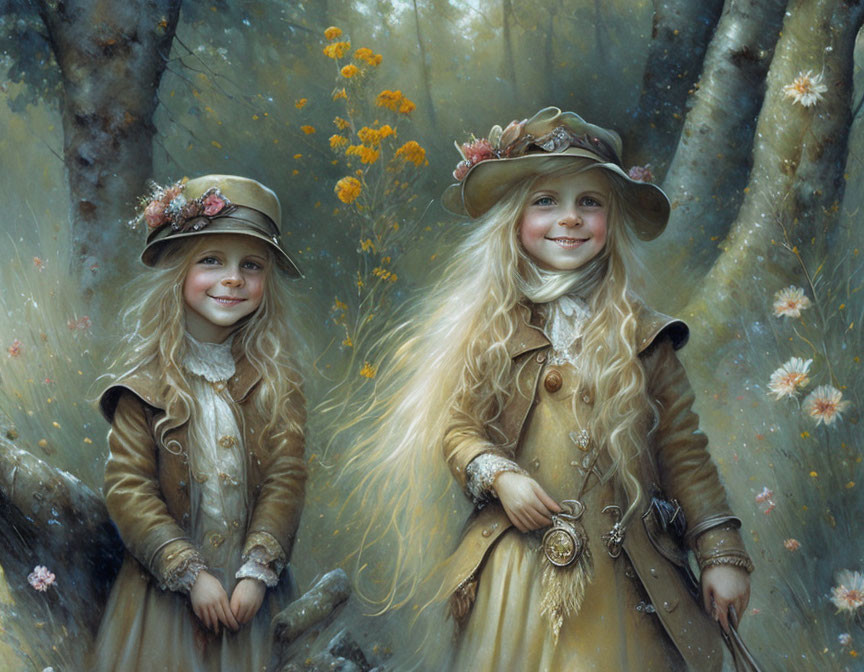 Two smiling children in whimsical attire in forest setting with soft light and flowers