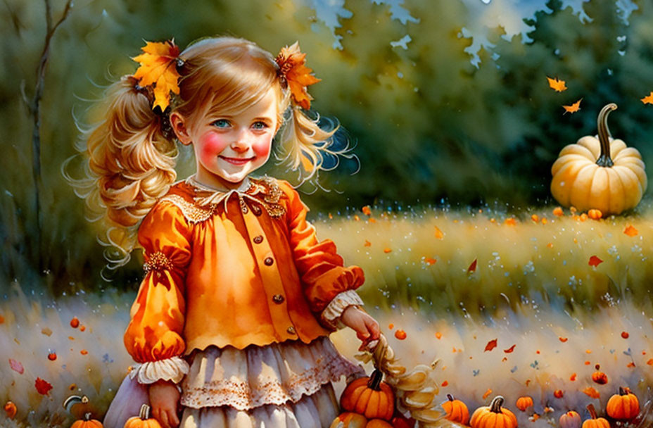 Blonde girl in pumpkin patch with autumn leaves