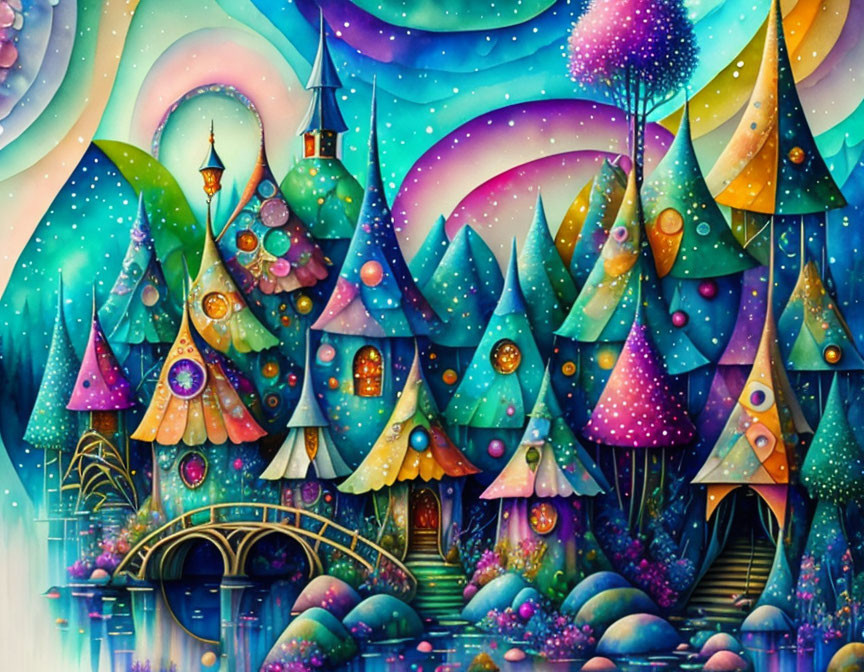 Colorful Magical Forest Illustration with Whimsical Trees, Houses, and River Bridge