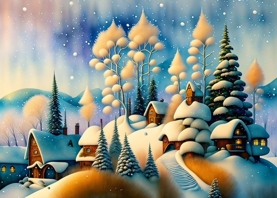 Snow-covered winter village under starry sky