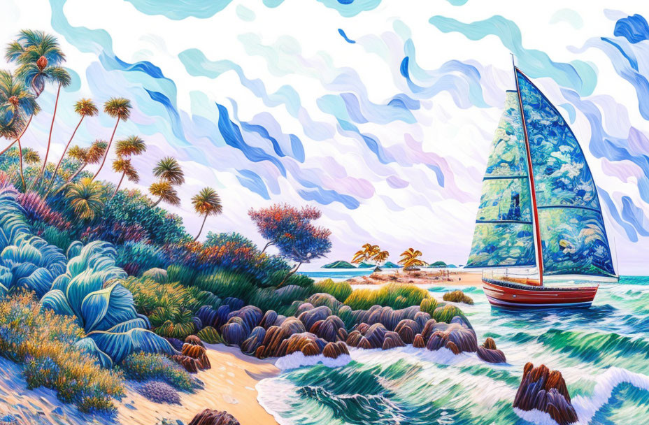 Serene beach painting with sailboat, lush vegetation, and whimsical sky