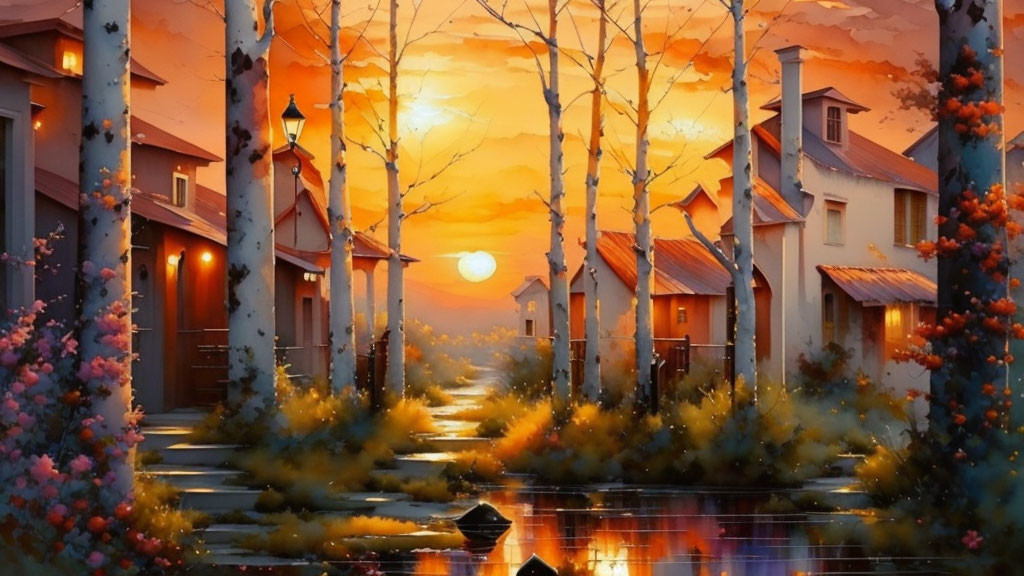 Tranquil sunset scene: cozy street, quaint houses, serene waterway, vibrant autumn foliage