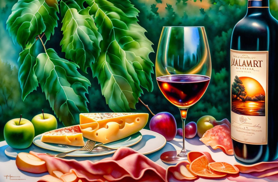 Classic Still Life with Wine, Cheese, Fruits, and Draped Fabric