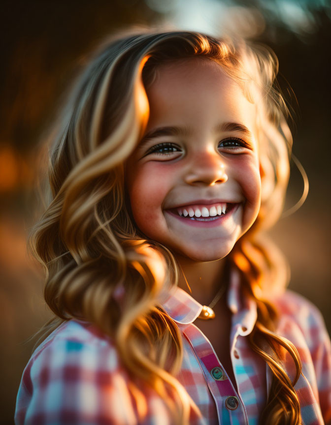 Young girl with curly hair and plaid shirt, smiling under sunlight