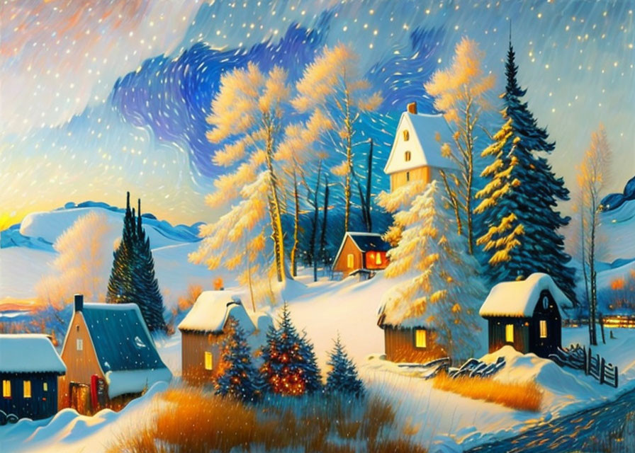 Snow-covered houses and starry sky in serene winter scene