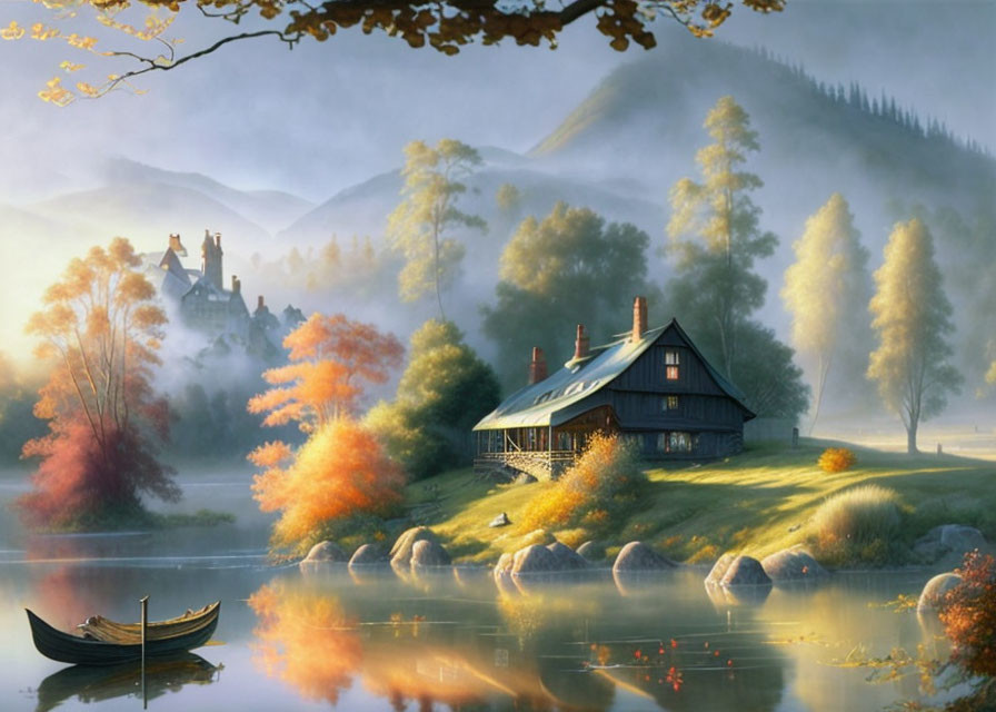 Tranquil lake scene with boat, cabin, fall foliage, and misty hills