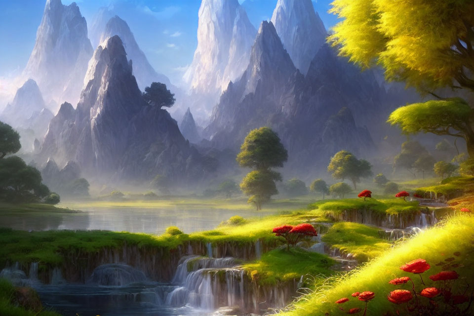 Mountainous Landscape with Waterfalls, Greenery, and Vibrant Flora