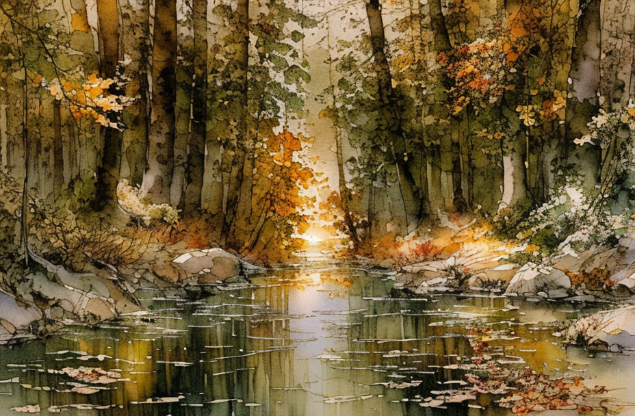 Tranquil autumn forest scene with tall trees and fallen leaves in watercolor