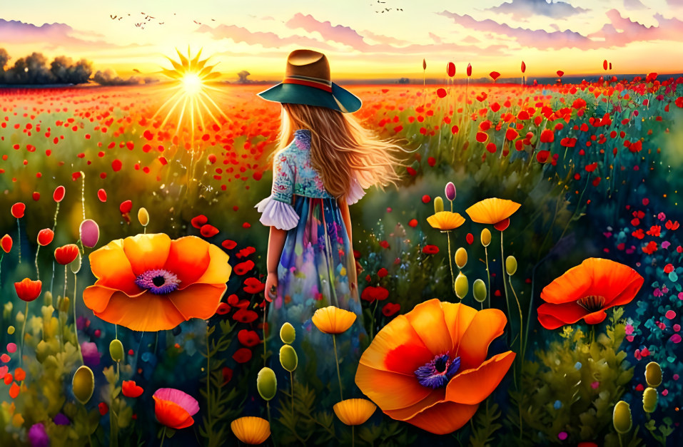 Woman in a wonderful poppy field sunset