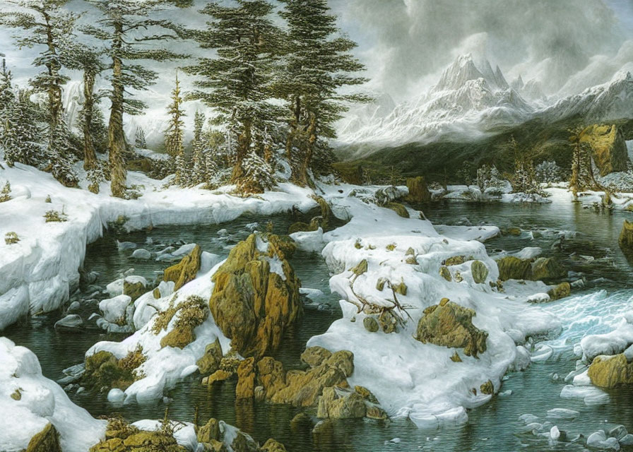 Snow-covered trees, frozen river, icy rocks: Winter landscape with mountains and cloudy sky