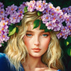 Serene woman surrounded by vibrant flowers in dreamy painting