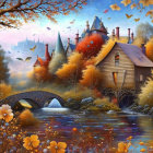 Serene Autumn Landscape with Cabins and Waterfall