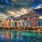 Colorful Houses on Wet Street with Rainbow and Snow