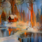 Snowy Riverbank Scene: Person in Orange Jacket Observing Winter Landscape