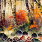 Colorful Winter Forest Scene with Small Figure and Mushroom Houses