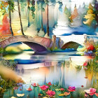 Colorful watercolor painting of autumn landscape with bridge and chapel