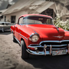 Abandoned vintage red car in desert with chrome bumper and sand dunes in background