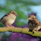 Vibrant red-faced birds on branch with pink blossoms, soft blue background