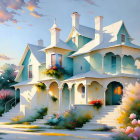 Vibrant pastel surreal landscape with whimsical cottage and fantasy flora