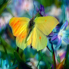 Colorful Digital Art: Large Yellow Butterfly in Enchanted Forest