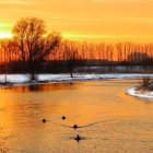 Winter Sunset: Golden Sky, Frozen River, Snowy Banks & Leafless Trees