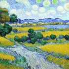 Colorful landscape painting: field of yellow flowers, trees, distant church, swirling blue sky