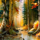 Autumn forest watercolor painting: deer by stream, sunlight through trees