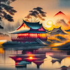 Tranquil Asian pavilion at sunset with cherry blossoms & pine trees