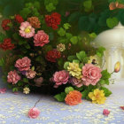 Wicker basket with pink and white roses and teapot in still life painting