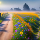 Watercolor Landscape of Path Through Flower Meadow