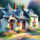 Colorful Impressionist Painting of Quaint House and Flowers